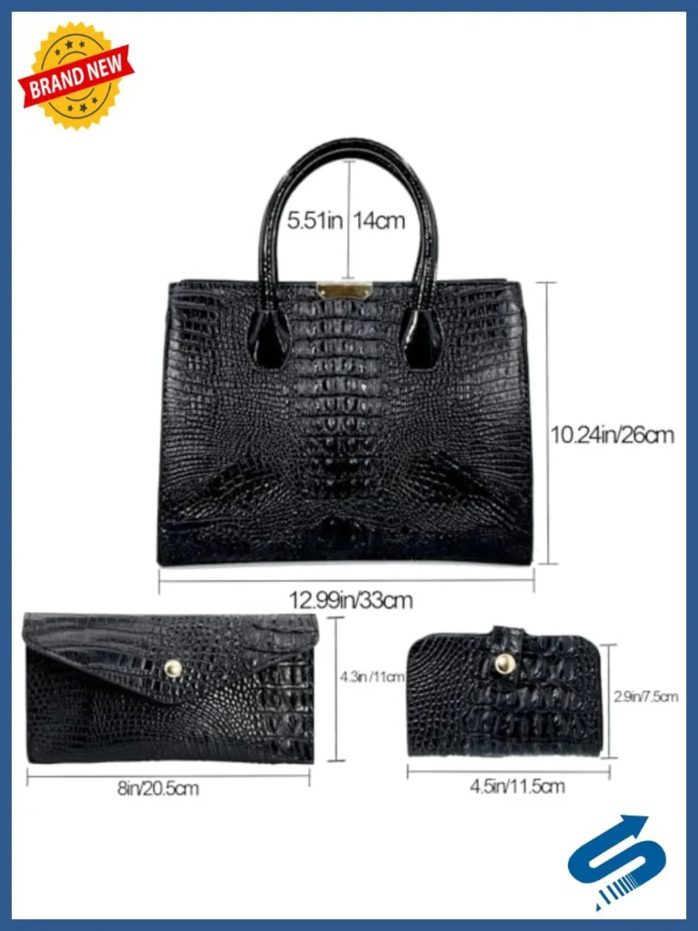 Patent PU Leather Crocodile Pattern Satchel Tote Handbag Set with Shoulder